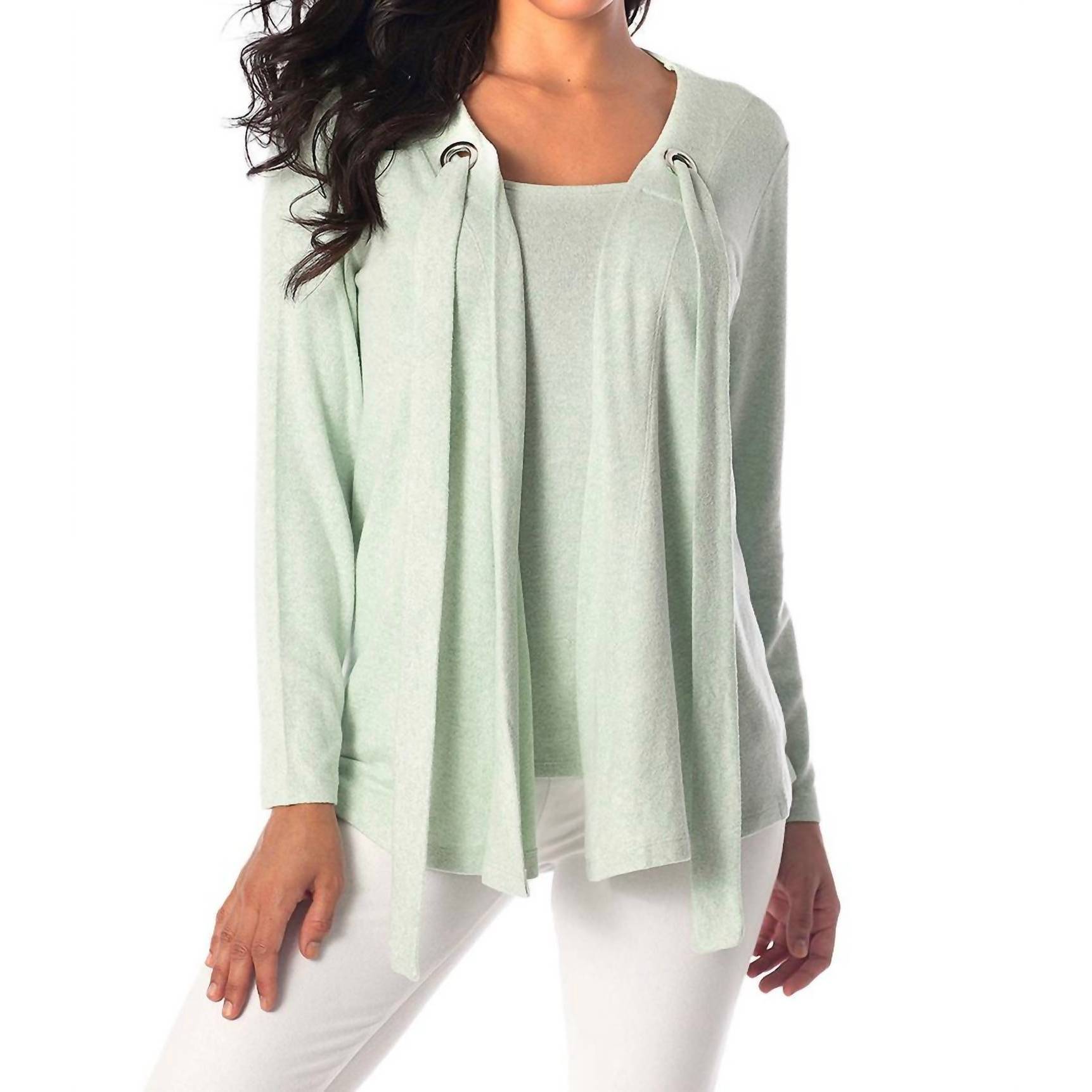 New French Kyss Nikki Kashmira Grommet Open Cardigan In Mint